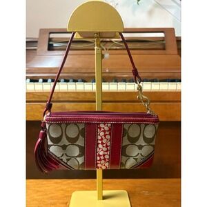 Coach Signature C Red Khaki Jacquard Leather Tassel Wristlet Clutch Bag